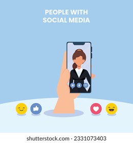 Hashtag, Like concept illustration of young people using mobile for sending posts and sharing them, Chatting or Massaging in social media. follow the trend	