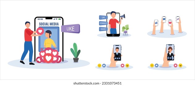 Hashtag, Like concept illustration of young people using mobile for sending posts and sharing them, Chatting or Massaging in social media. follow the trend	