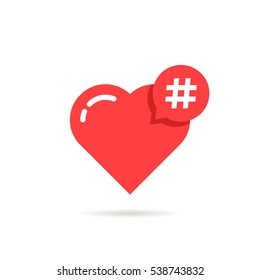 hashtag logo like red heart. concept of promotion, share interesting message, information networking badge, smm, online community, pr, follow me. flat style modern graphic design on white background