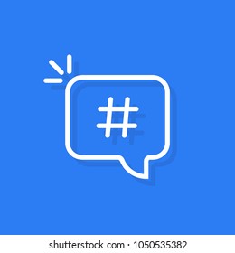 Hashtag Logo In Linear White Bubble. Minimal Style Trendy Modern Simple Hash Tag Logotype Graphic Thin Line Art Design Isolated On Blue Background. Concept Of Communication Sign Or Customer Experience