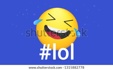 Hashtag lol bright vector concept illustration of smiling emoji icon for chat, messengers and networks. Flat positive loud out laugh emotion symbol isolated on blue neon background