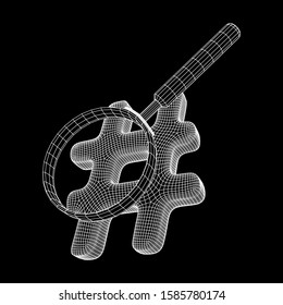 Hashtag with magnifying glass. Concept of social media, micro blogging PR and popularity. Wireframe low poly mesh vector illustration