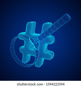 Hashtag with magnifying glass. Concept of social media, micro blogging PR and popularity. Wireframe low poly mesh vector illustration