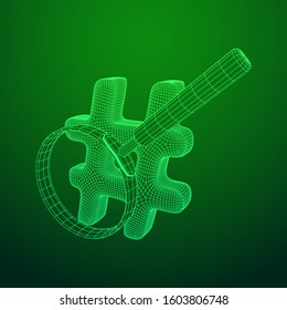 Hashtag with magnifying glass. Concept of social media, micro blogging PR and popularity. Wireframe low poly mesh vector illustration