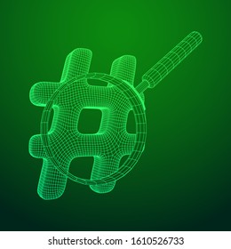 Hashtag with magnifying glass. Concept of social media, micro blogging PR and popularity. Wireframe low poly mesh vector illustration