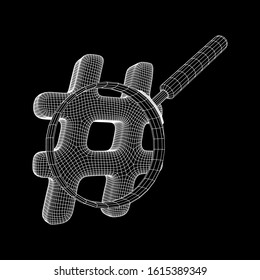Hashtag with magnifying glass. Concept of social media, micro blogging PR and popularity. Wireframe low poly mesh vector illustration