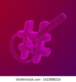 Hashtag with magnifying glass. Concept of social media, micro blogging PR and popularity. Wireframe low poly mesh vector illustration