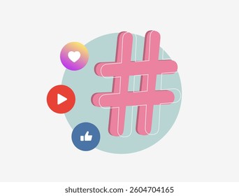 Hashtag marketing for social media promotion, engagement and audience growth. Boost visibility, campaign success and digital presence. Hashtag marketing vector illustration and icons