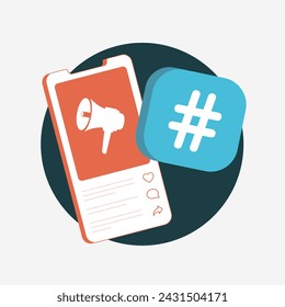 Hashtag de marketing para campañas virales y éxito en redes sociales. Analiza etiquetas efectivas y mantente al tanto de las tendencias de medios sociales, seguimiento estratégico de smm. Icono aislado del vector sobre fondo blanco