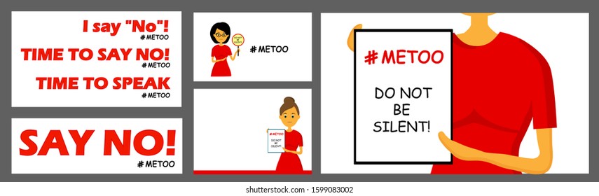 The hashtag is me too. Vector illustration isolated on a white background. Public women's movement against violence and harassment. Stop violence against women. Set of cards and posters.