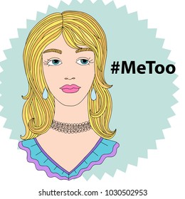 Hashtag MeToo vector illustration with sad woman. Violence against women and sexual harassment. Social movement concerning sexual assault