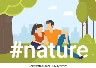 Hashtag nature flat vector concept illustration of young teenage couple sitting in the park on grass and talking. Young people spending time in natural eco place. Summer or spring season in the city.