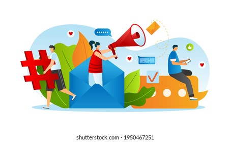 Hashtag news from internet social media, business background vector illustration. Network community, man woman character at web mobile chat.