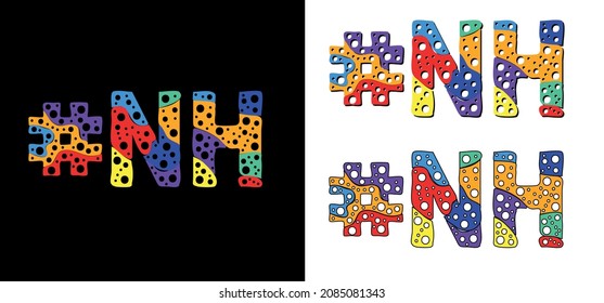 Hashtag #NH set. Multicolor bright funny cartoon colorful doodle bubble isolated text. Rainbow colors. Hashtag #NH is abbreviation for the US American state New Hampshire for print, social network.