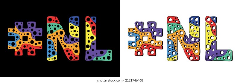 Hashtag #NL. Multicolor bright funny cartoon colorful doodle bubble isolated text. Rainbow colors. Hashtag #NL is abbreviation for the Canadian Newfoundland and Labrador for print, social network