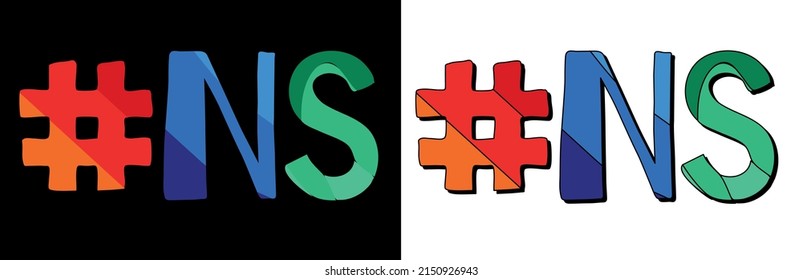 Hashtag # NS. Set 2 in 1. Bright funny cartoon color doodle isolated text. Hashtag #NS is abbreviation for the Canadian Nova Scotia for print, social network, advertising banner.