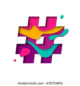 Hashtag or number sign or hash character. 3d letter with paper cut texture effect and color multi layers