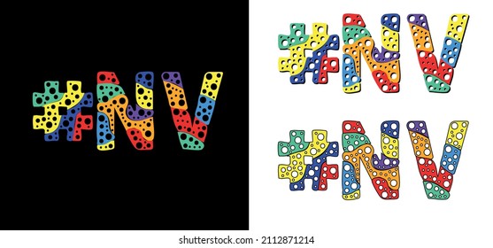 Hashtag #NV set. Multicolor bright funny cartoon colorful doodle bubble isolated text. Rainbow colors. Hashtag #NV is abbreviation for the US American state Nevada for print, social network.