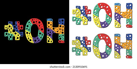 Etiqueta #OH. Multicolor divertido caricatura colorida burbuja de garabatos aislado texto. Colores arcoiris. La etiqueta #OH es una abreviación del estado norteamericano Ohio para la prensa, red social.