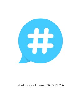 hashtag on blue speech bubble. concept of micro blogging, pr, popularity, blogger, grille, grid. isolated on white background. flat style trend modern candle logotype design vector illustration