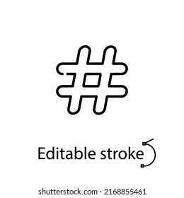 Hashtag outline icon. Social media communication. Customizable linear contour symbol. Editable stroke. Isolated vector stock illustration