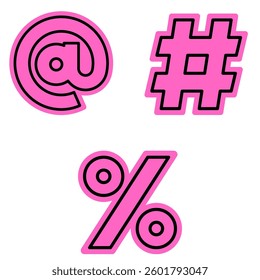 hashtag and percent sticker illustration vector design set