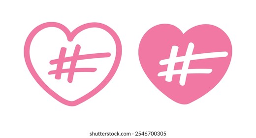 Hashtag in the pink heart. Love message sign. Vector illustration on white background