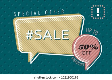 Hashtag Sale Special Offer 50 % Discount Inverted Shopping Creative Concept in Sketch Style Trendy Speech Bubbles - Multicolor on Turquoise Holes Wallpaper Background - Vector Flat Graphic Design