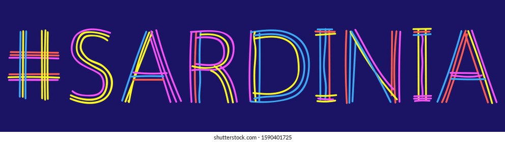 Hashtag Sardinia - isolate doodle lettering inscription from multi-colored curved lines like from a felt-tip pen - resort in Italy