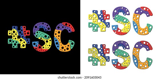 Hashtag #SC set. Multicolor bright funny cartoon colorful doodle bubble isolated text. Rainbow colors. Hashtag #SC is abbreviation for the US American state South Carolina for print, social network.