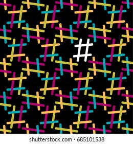 Hashtag seamless pattern on black. Background with sign gate. Bright modern design for print, textile, fabric.