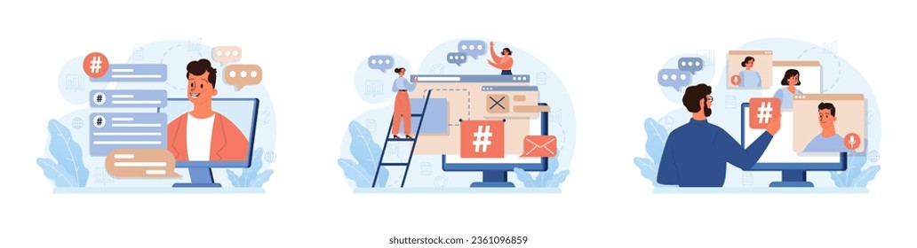 Hashtag set. Character using digital device for sending posts and sharing them in social media. Global communication, viral content and feedback. Flat vector illustration