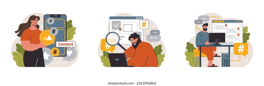 Hashtag set. Character using digital device for sending posts and sharing them in social media. Global communication, viral content and feedback. Flat vector illustration