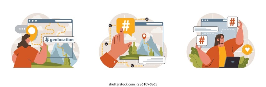 Hashtag set. Character using digital device for sending posts and sharing them in social media. Global communication, viral content and feedback. Flat vector illustration