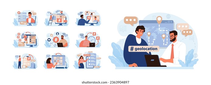 Hashtag set. Character using digital device for sending posts and sharing them in social media. Global communication, viral content and feedback. Flat vector illustration