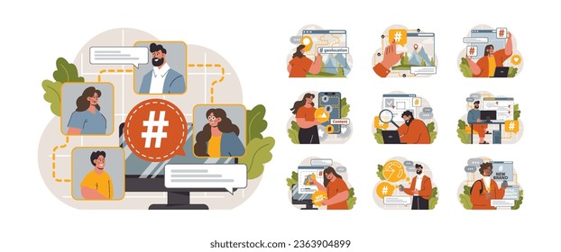 Hashtag set. Character using digital device for sending posts and sharing them in social media. Global communication, viral content and feedback. Flat vector illustration