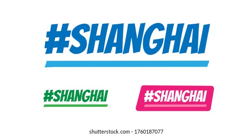 Hashtag Shanghai City Vector Logo for marketing, tourism, travel and events promotion in blue, green and pink font on white background