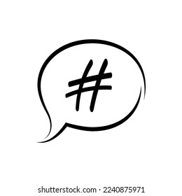 Hashtag sign in a bubble. linear black simple hashtag. speech bubble icon. information network. promotion, interesting message, icon, internet. Monochrome one line style. Vector illustration isolated 