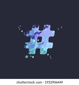 Hashtag sign with effect of liquid spots of paint in blue, white, purple colors on dark navy background. Decoration element for winter design of a flyer, poster, calendar, cover, title. Vector EPS10