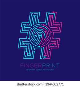 Hashtag sign Fingerprint scan pattern logo dash line, digital social network concept, Editable stroke illustration pink and blue isolated on dark blue background with Fingerprint text, vector