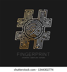Hashtag sign Fingerprint scan pattern logo dash line, digital social network concept, illustration silver and gold isolated on black background with Fingerprint text, vector