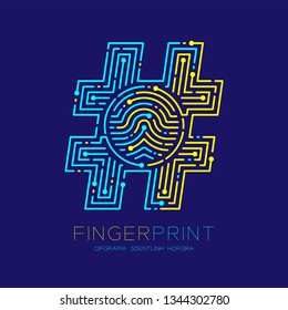 Hashtag sign Fingerprint scan pattern logo dash line, digital social network concept, Editable stroke illustration yellow and blue isolated on dark blue background with Fingerprint text, vector