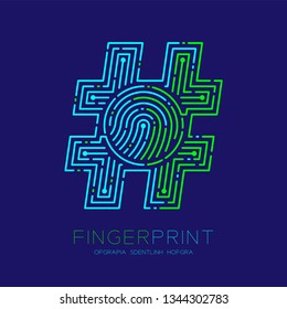 Hashtag sign Fingerprint scan pattern logo dash line, digital social network concept, Editable stroke illustration green and blue isolated on dark blue background with Fingerprint text, vector