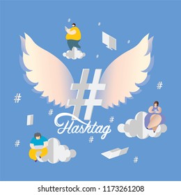 Hashtag sign with Flat design vector illustration and cloud technology Concept. People using smart phone and computer to share and tag message