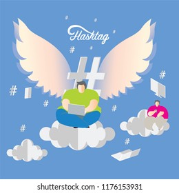 Hashtag sign with Flat design vector illustration and cloud technology Concept. Man have wings and using computer to share and tag message