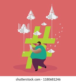 Hashtag sign with Flat design vector illustration and cloud technology Concept. Man using smart phone to send and tag message