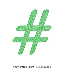 Hashtag sign illustration. Green scribble Icon with solid contour on white background. Illustration.
