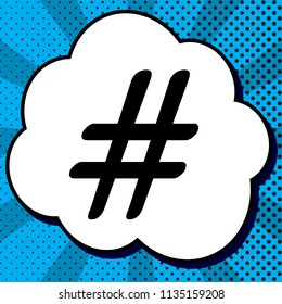 Hashtag sign illustration. Vector. Black icon in bubble on blue pop-art background with rays.