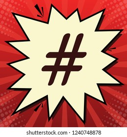 Hashtag sign illustration. Vector. Dark red icon in lemon chiffon shutter bubble at red popart background with rays.