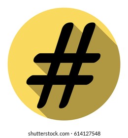 Hashtag sign illustration. Vector. Flat black icon with flat shadow on royal yellow circle with white background. Isolated.